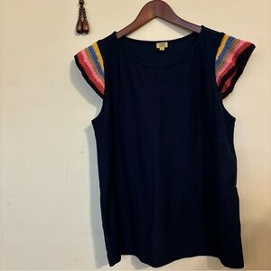 True Craft Navy Top with Multicolor Crocheted Sleeves